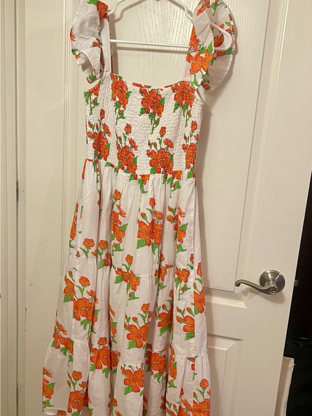 Victoria Dunn White Dress with Orange Floral and Green Leaves